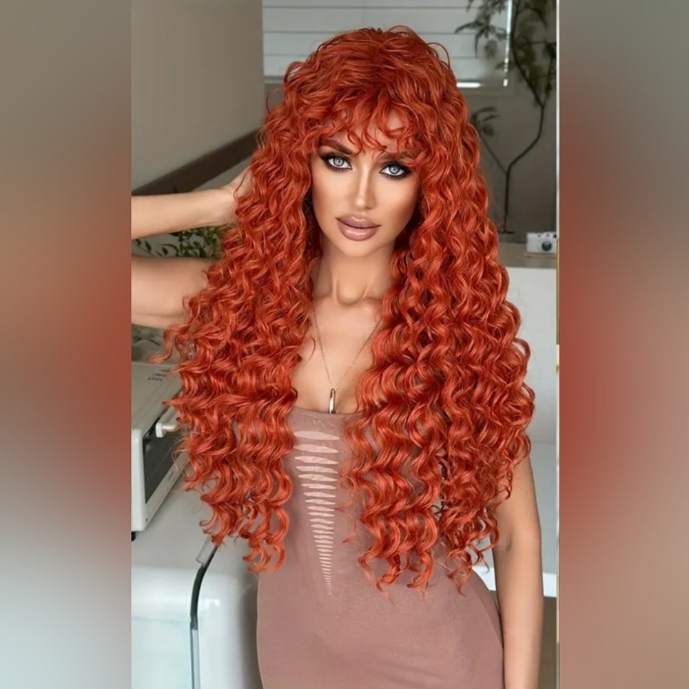 30 Inch Orange Loose Curly Synthetic Wig With Air Bang